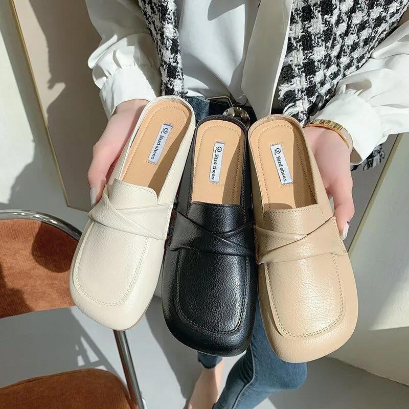 Slippers Women's Outer Wear 2025 Summer New Casual Women's Shoes Bag Head Half Slippers Flat Bottom Square Head Sandals Muller Hugh Shoes