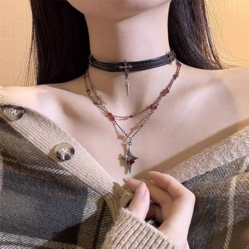 Double Layer Dark Aesthetic Crosses Necklace And Edgy Black Leather Chokers Jewelry Set