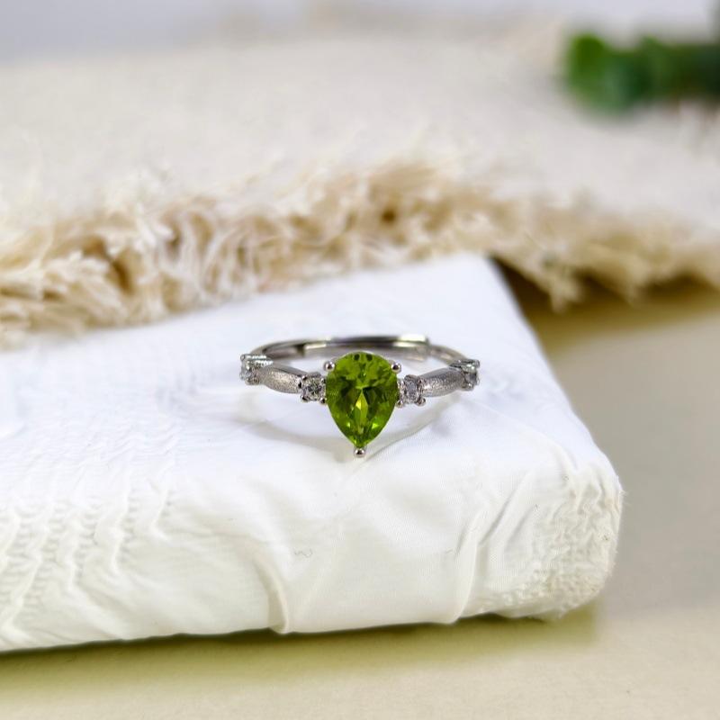 S925 Sterling Silver Ring Natural Peridot Garnet Crystal Inlaid Brushed Craft Fashion Finger Ring For Women