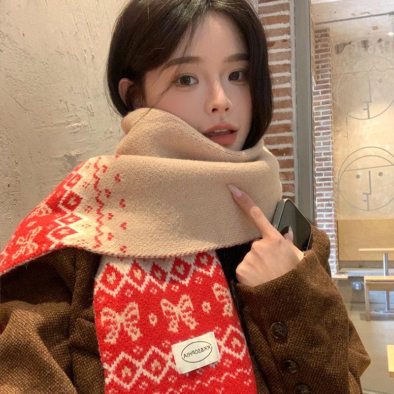 Imitation cashmere red bow scarf women's knitted autumn and winter Korean high-end feeling warm and thickened versatile scarf tide