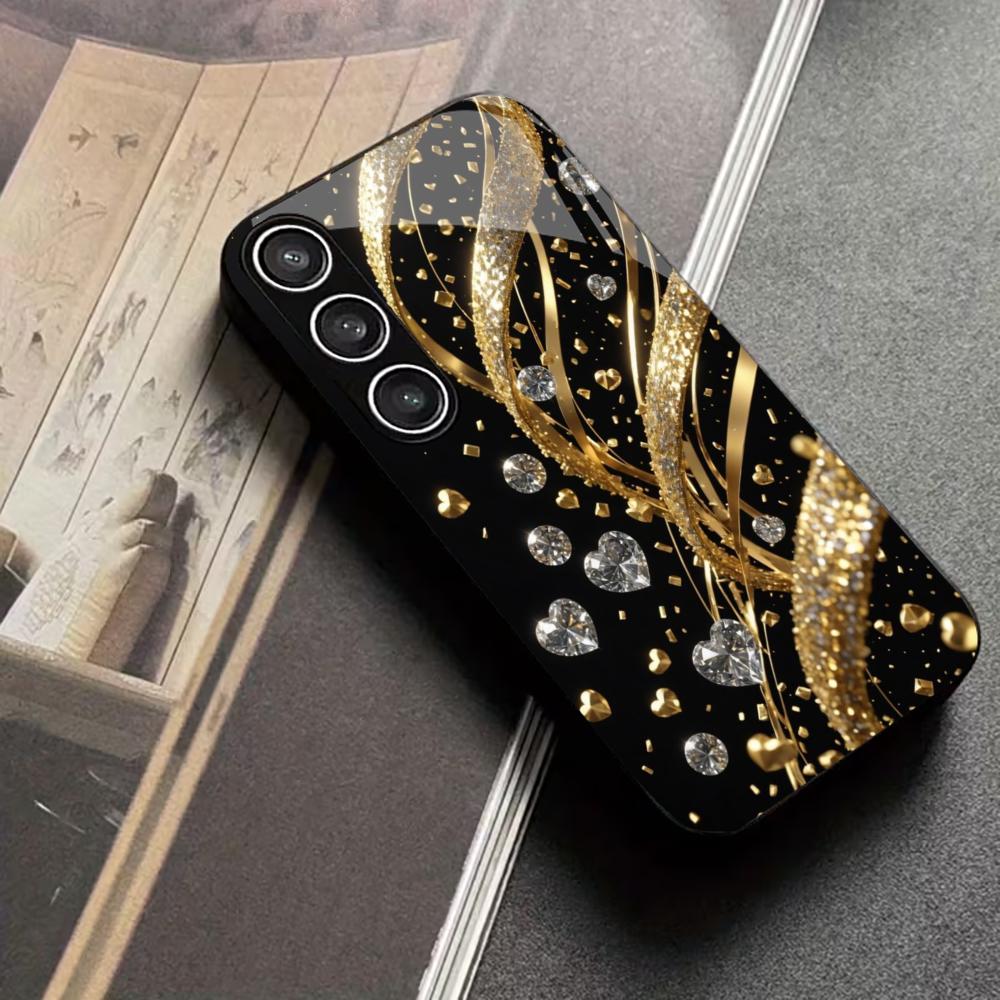 Metallische Farbe Glas Handyhülle für Samsung Galaxy S26 S25 S24 S23 S22 S21 Ultra Plus FE 5G Gold Diamant Herz 2D UV-Druck