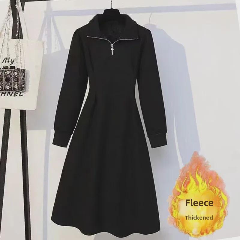 Dámské nadměrné pletené šaty na zip v korejském stylu - Hrubý samet, Jednobarevné, Ležérní podzimní/zimní dlouhá sukně