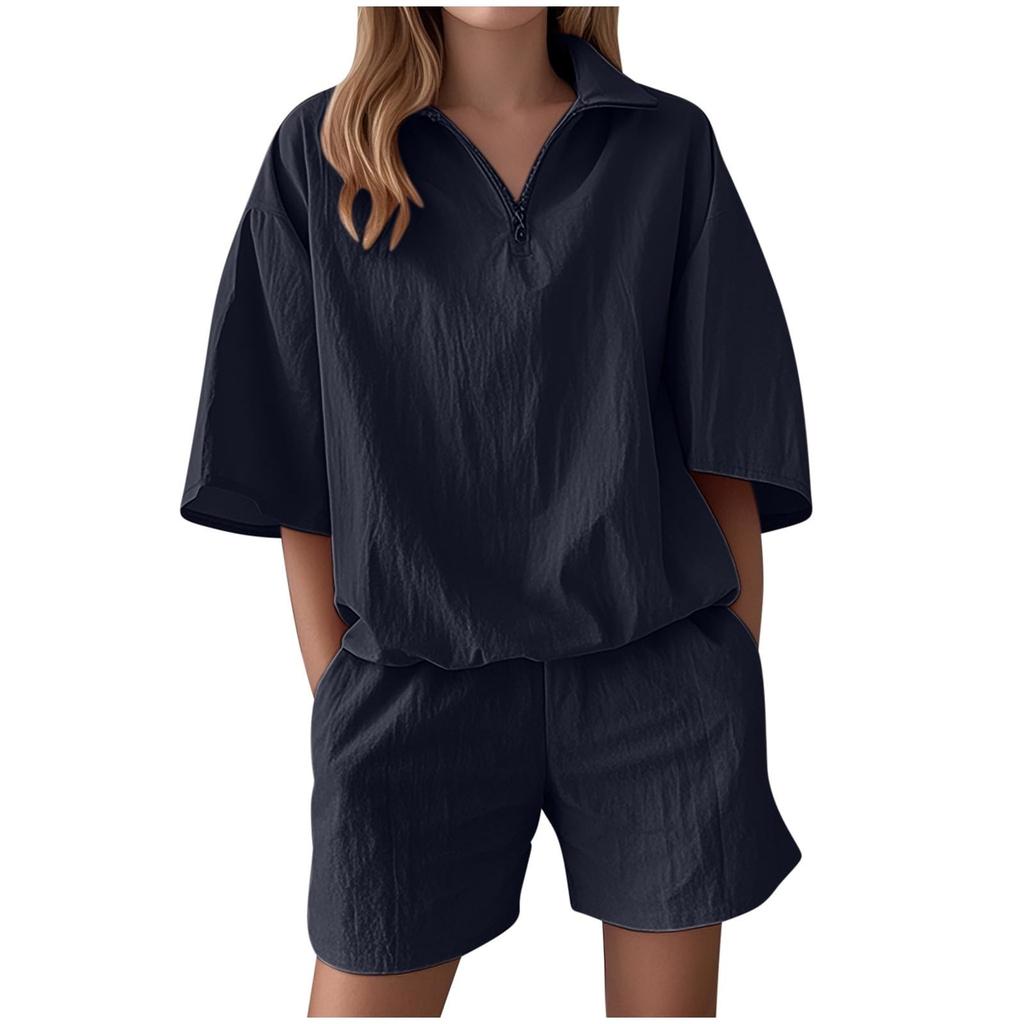 Women's Fashion Turtleneck Zipper Color Short Sleeve Shorts Two-piece Set