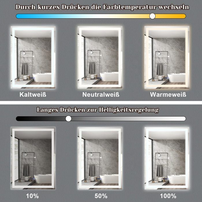 Miroir de salle de bain - NETTLIFE - 50x70 cm - LED dimmable 3000K-6500K - Désembuage & horloge - IP44 tactile