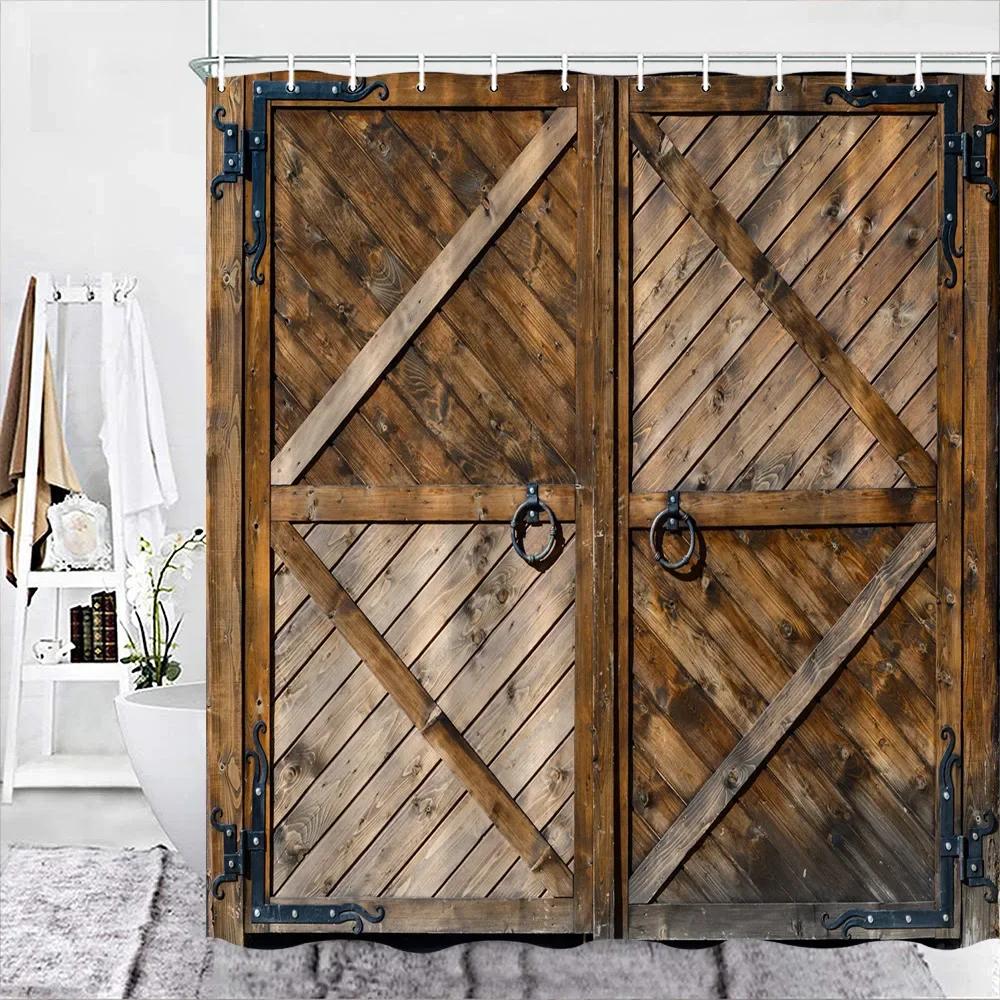 

Saloon Bar Wooden Door Shower Curtain Vintage Antique Wild West Cowboy Retro Country Farmhouse Christmas Door Decor Bath Curtain W60H190(CM)-1 Pcs