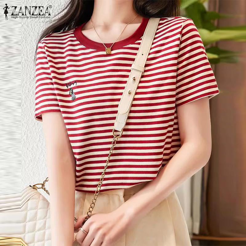 

ZANZEA Женская повседневная блузка в полоску с круглым вырезом и короткими рукавами
