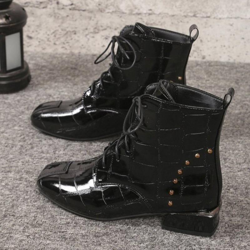 Fashion New Rivet Block Heel Lace-Up Booties Autumn and Winter Women's Square Toe Temperament Middle Leg Boots