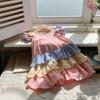 Girls Summer Rainbow Flutter Sleeve Dress Tiered Ruffle Bow Princess Party Dress Cute Children Clothing