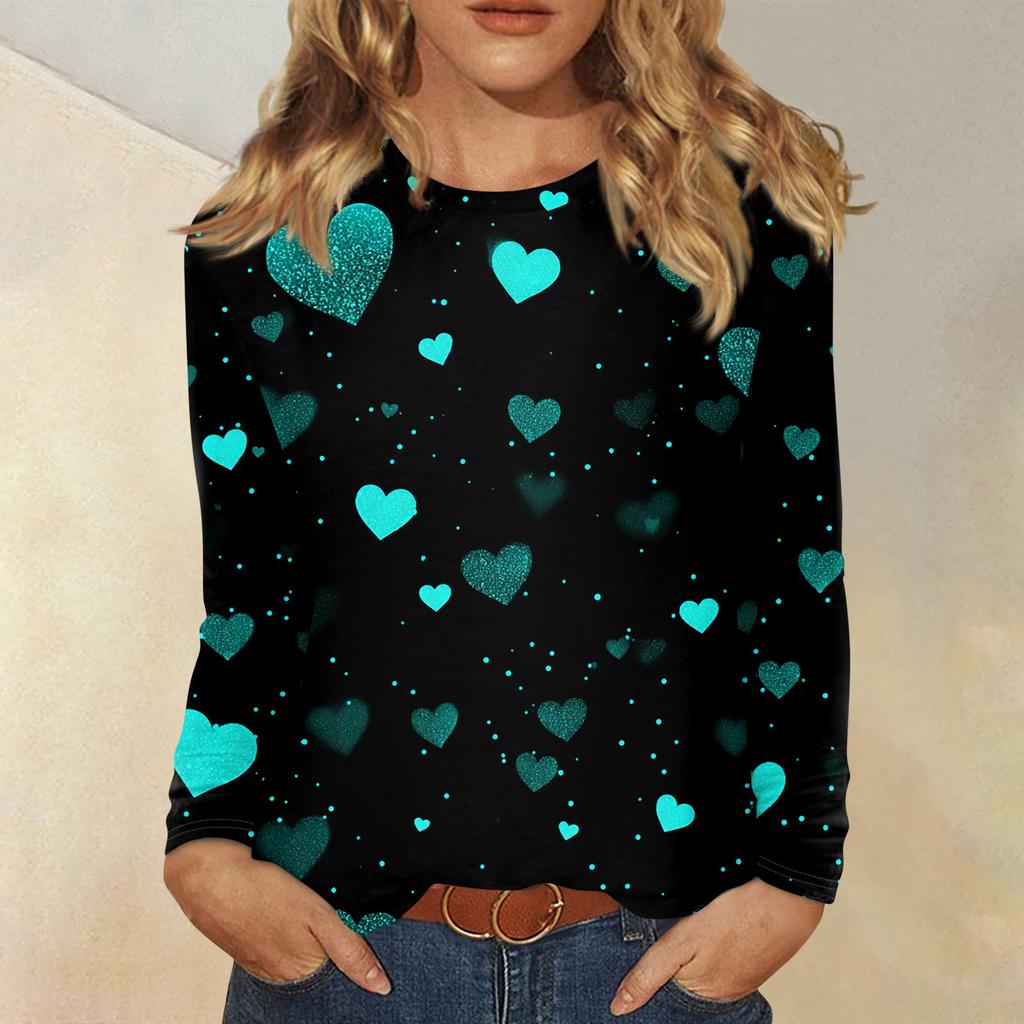 Women's Valentine's Day Fashionable Heart Print Round Neck Long Sleeve Pullover Top