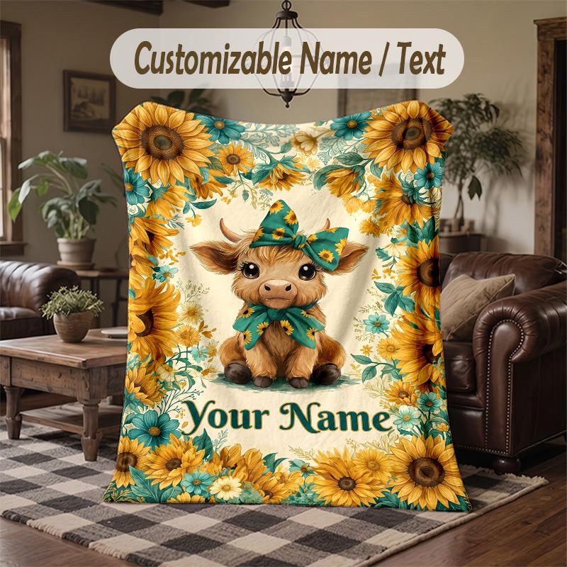 Sunflower Cow Garden 1 Theme Throw Blanket Custom Name Text Personalized Blanket Soft Cozy Blanket for Home Sofa Bed