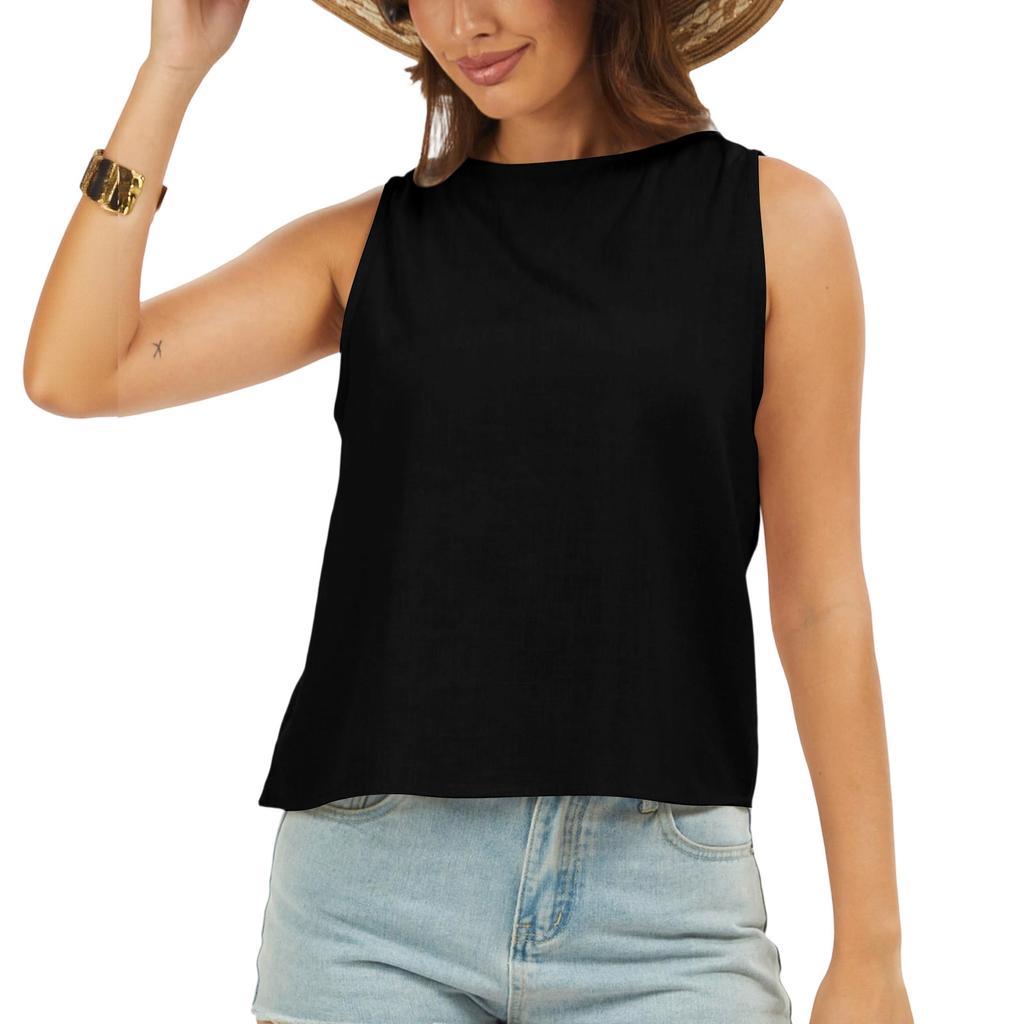 Women Sleeveless Linen Cotton Blend Crew Neck Tank Top Casual Loose Fit Blouse Lightweight Basic Shirt for Summer Daily Wear