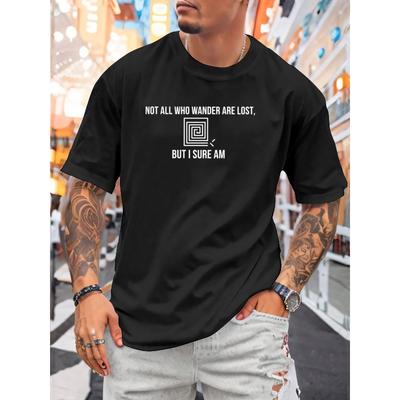 European Sizes Playful Maze Logo Style Printed Men's T-Shirt, Summer Breathable Short-Sleeve, Regular-Fit Daily Casual Machine-Washable