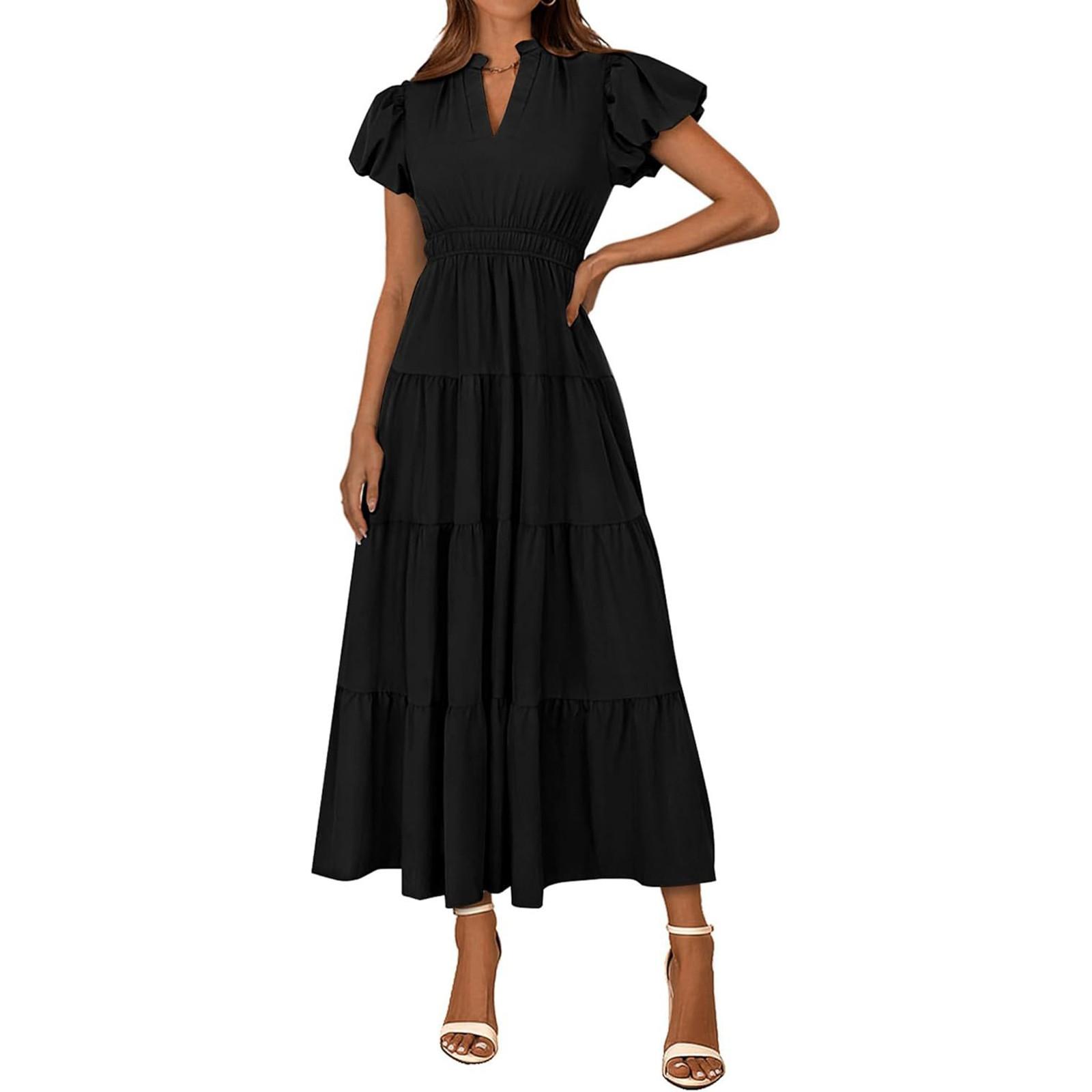 

Женские модные летние свободные платья с V-образным вырезом и рукавами-фонариками для отдыха в однотонном цвете L чёрный