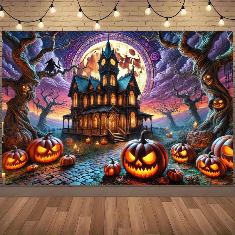 Background banner 1 piece dreamy scene background fabric wall decoration for haunted house and glowing pumpkin lanterns