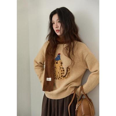 Women's Korean Style New Year Puppy Jacquard Knit Sweater