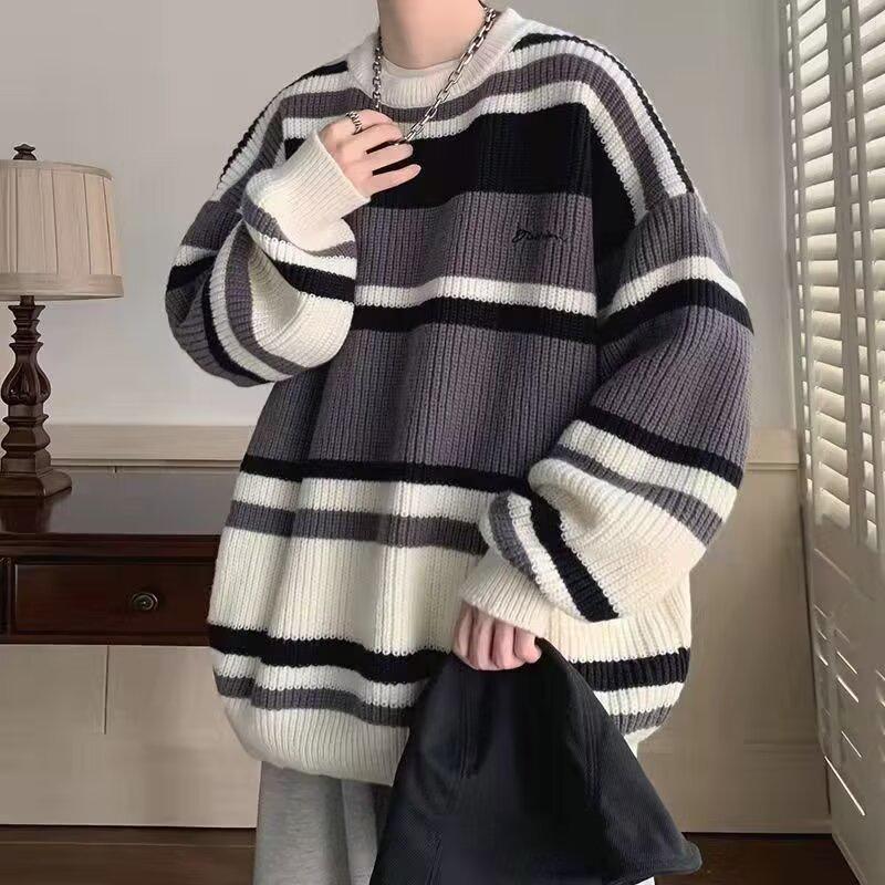 Men's Retro Striped Color-Block Knit Sweater - Casual & Loose Fit for Autumn/Winter