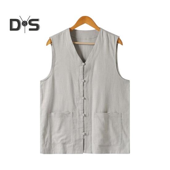 Men Summer Vest Single-breasted Retro Chinese Style Knot Buttons Loose Sleeveless V Neck Patch Pockets Pure Color Casual Top