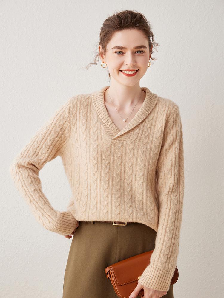 European Women's V-Neck Cashmere Knit Sweater - Thick, Versatile, Short Base Layer