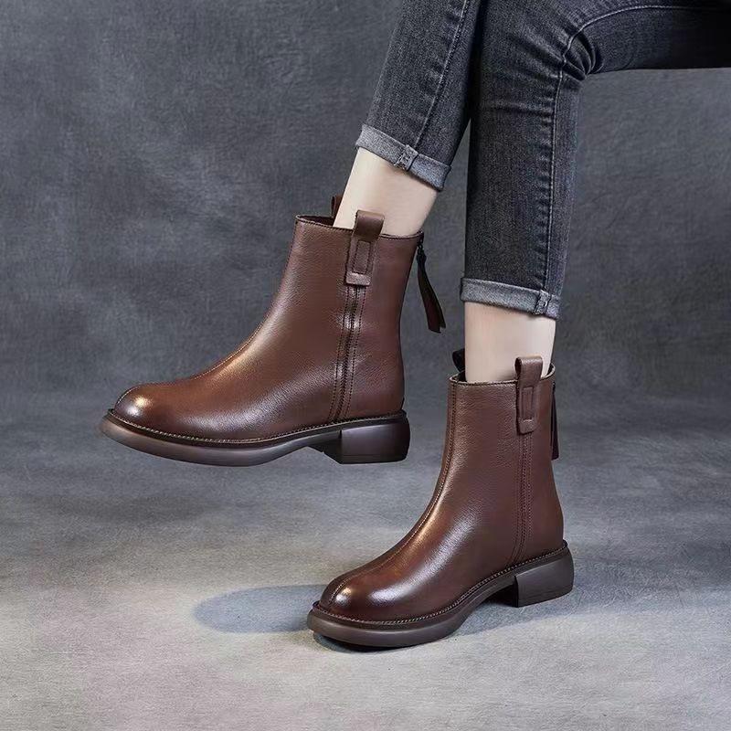 Soft Leather Boots Women's Autumn and Winter Boots New Mid-heel Soft-soled Zipper Winter Velvet Soft Leather Soft-soled Fashion Boots