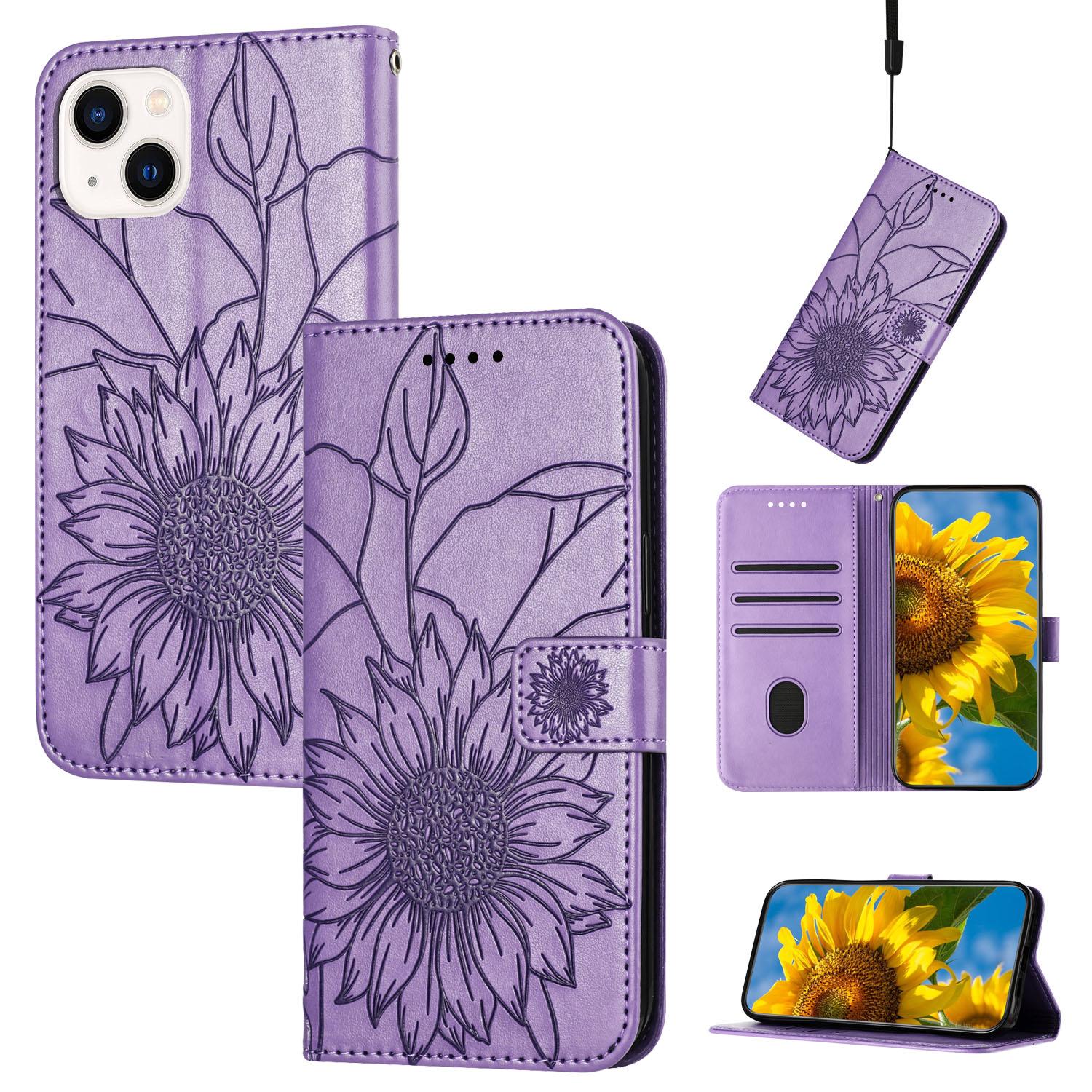 

Защитный чехол из искусственной кожи с тиснением подсолнечника, фолио, держатель для магнитных карт, подставка, ремешок на запястье, флип-чехол для Google Pixel 8/7 7A/6 6Pro 6A/5XL 5A Google Pixel 7 светло-фиолетовый