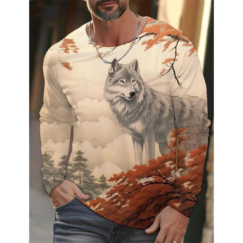 Spring and Autumn Round Neck Wolf Pattern 3D Ukiyoe Printed Top Fashionable Casual Long Sleeved Men's T-shirts