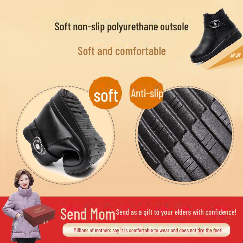Γυναικείες Βελούδινες Μπότες Μικρού Μήκους από Βαμβάκι με Αντιολισθητική Σόλα για Μεσήλικες και Ηλικιωμένες - Ζεστά Χειμερινά Δερμάτινα Παπούτσια για Μαμάδες και Γιαγιάδες