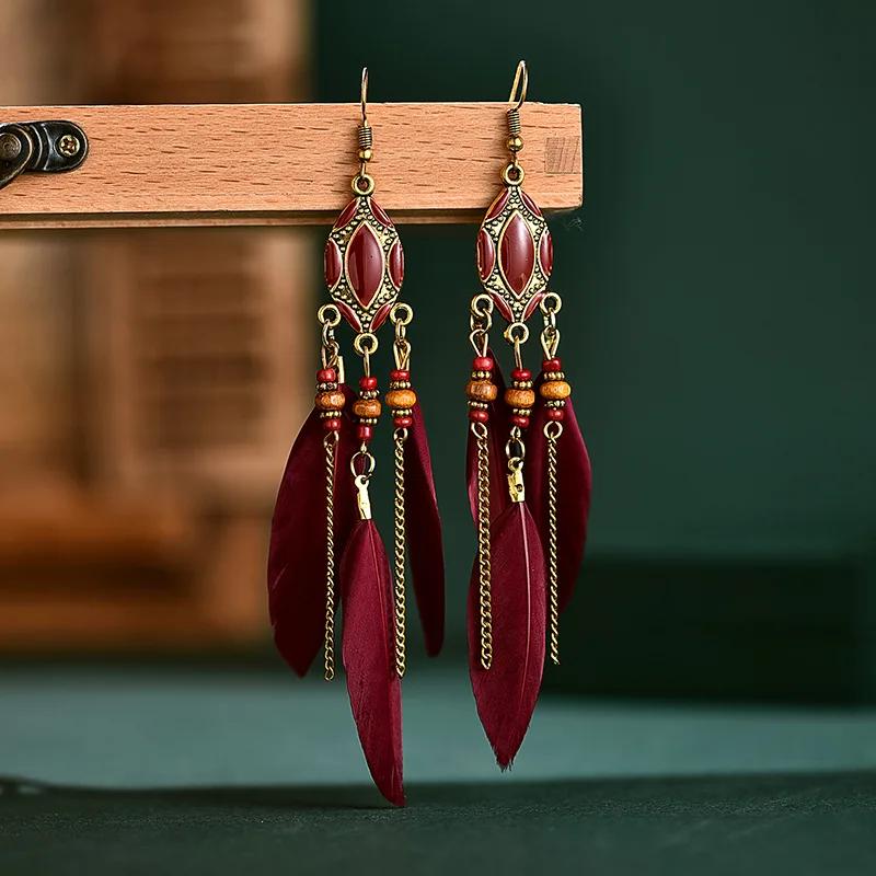 Bohemian Ethnic Feather Earrings For Women Long Tassel Beads Handmade Drop Dangle Earrings Girl Fashion Wedding Jewelry Gift