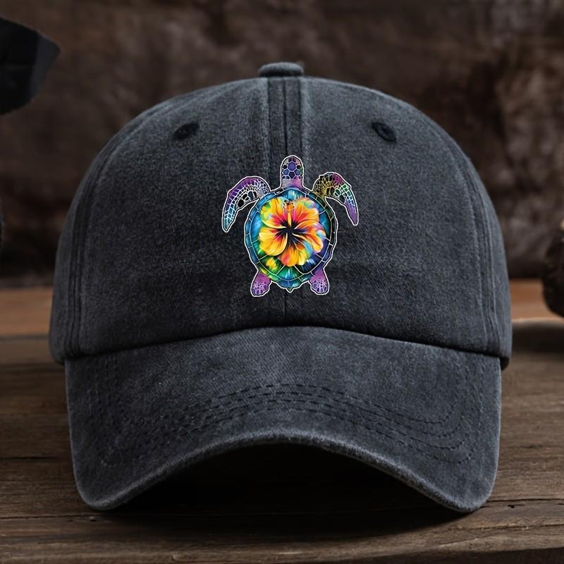 Vibrant Floral Turtle Baseball Cap Washed Cotton Adjustable Vintage Sun Visor for Unisex One Size