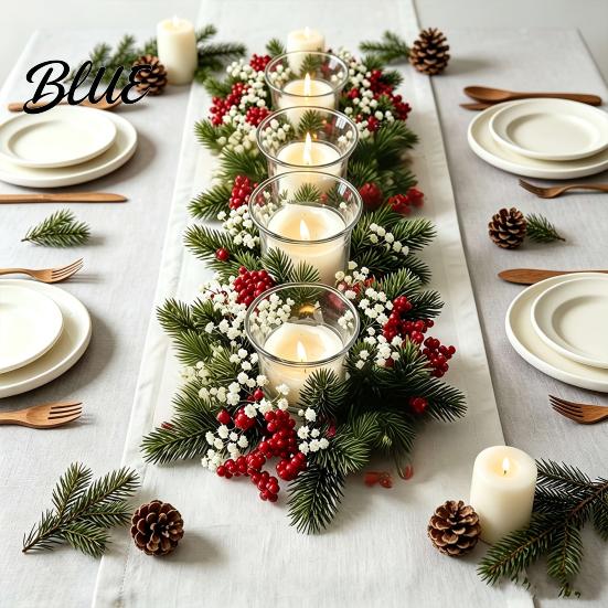 Reusable Christmas Home Decor Candle Ring Wreath Artificial Pine Wreath with Red Berries Rings White Flowers Holiday Table Centerpiece for