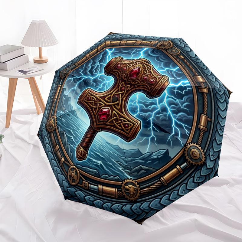 Thors Hammer Storm pattern umbrella, portable and foldable design, 8 ribs, a casual accessory for Halloween, Christmas, and birthday gifts.