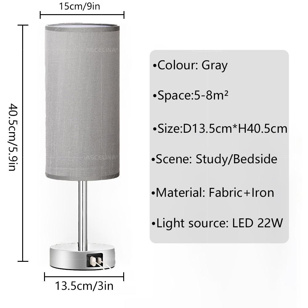 

Современные настольные лампы с абажуром из ткани с имитацией под дерево, два порта USB, прикроватные сенсорные настольные лампы с 3 скоростями и регулировкой яркости, рабочий стол для гостиной US Plug серый
