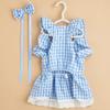 Yousheng Summer Dog Clothes Bow Headdress Ruffled Sleeve Lace Hem Pullover Elegant Dressing-Up Soft Plaid Dress Pet Cat Two-legged Clothes Puppy