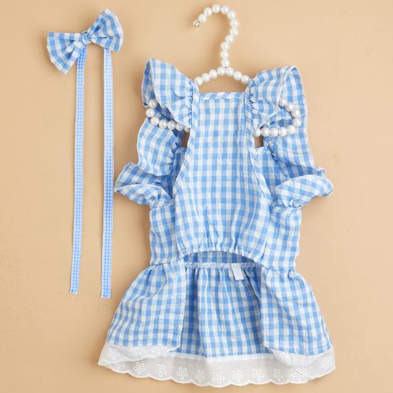 Yousheng Summer Dog Clothes Bow Headdress Ruffled Sleeve Lace Hem Pullover Elegant Dressing-Up Soft Plaid Dress Pet Cat Two-legged Clothes Puppy