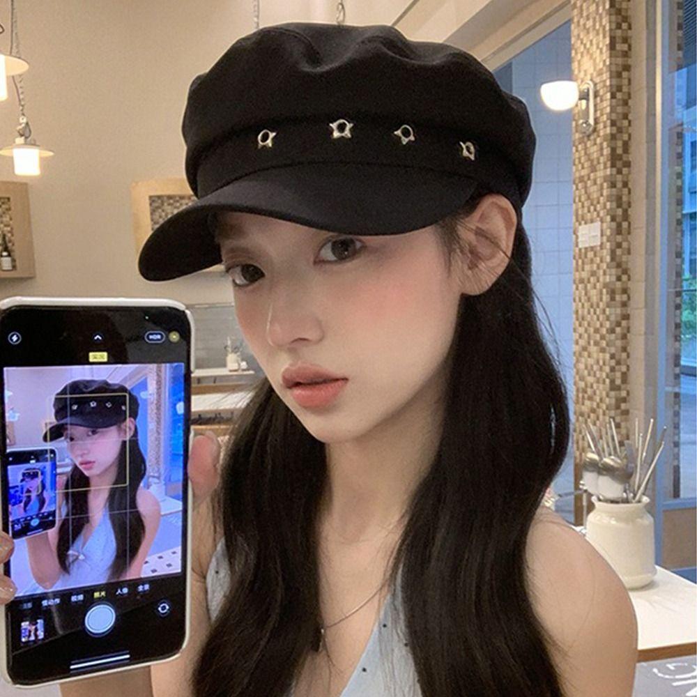 Flat Top Octagonal Cap Vintage Newsboy Hats Casual Star Hole Berets  Girls