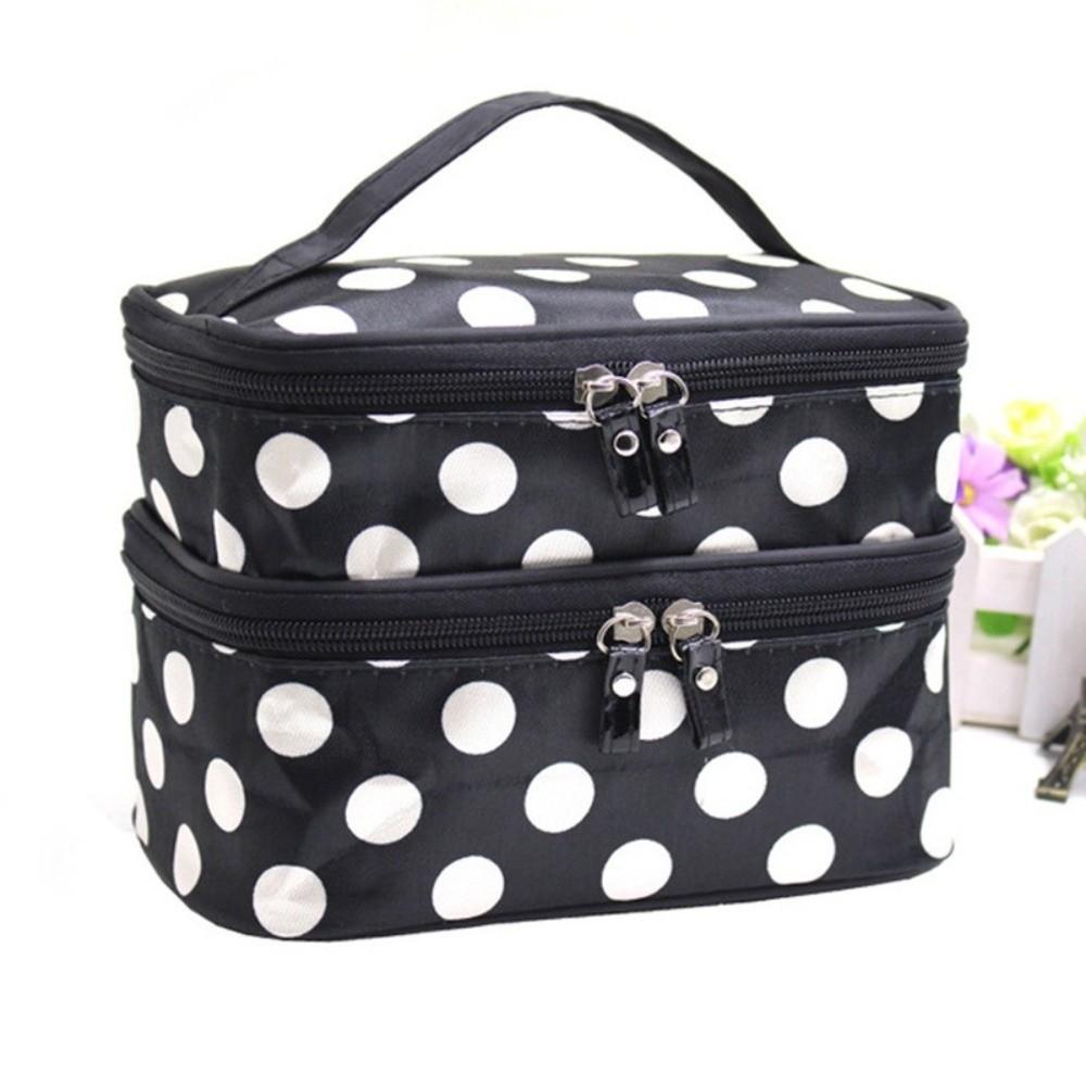 New Double-layer Makeup Bag Polka Dots Portable Travel Makeup Case Large Capacity Travel Toiletries Organizer