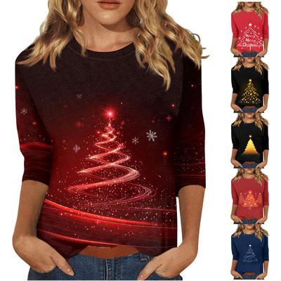 Women's O-Neck 3/4 Sleeve Christmas Print Top