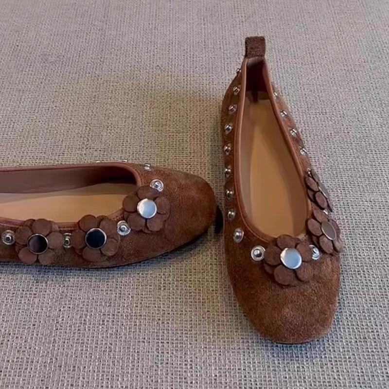 Cowhide Version~ Button Flower Shallow Mouth Single Shoes Women's Summer New One-pedal Loafers Brown Small Leather Shoes