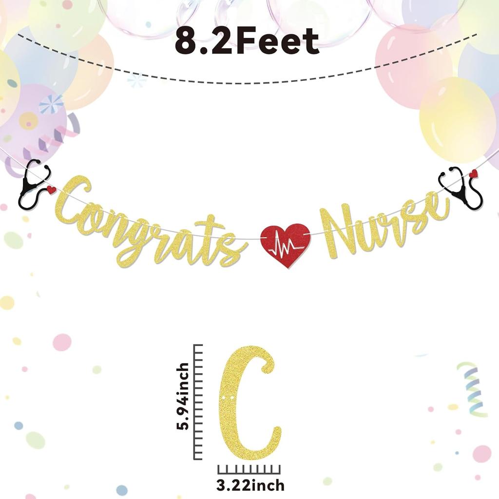 Congrats Nurse Banner - Nursing School Survivor Decorations, BSN/RN/NP Grad Party Decor, Class of 2025 Decorations Gold Glitter