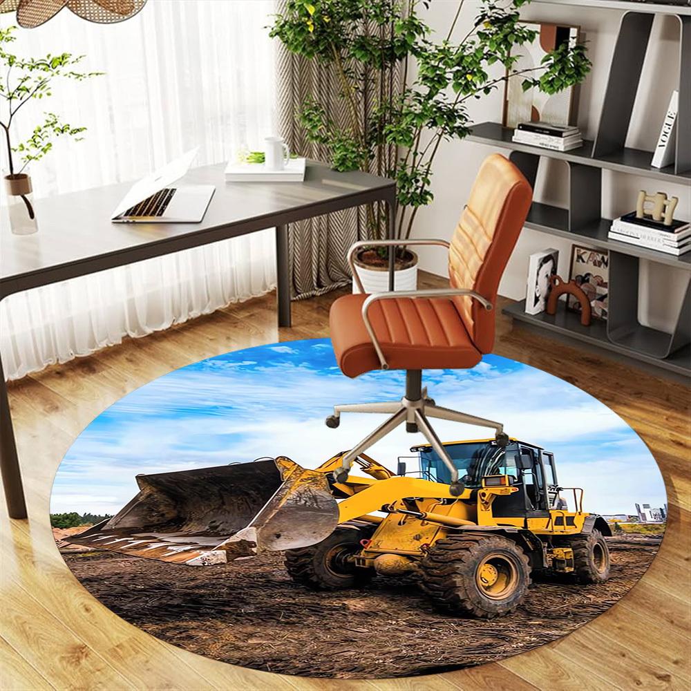 1pc bulldozer construction Round Chair mat Area Rug - Non-Slip, Floor Mat for Office, Bedroom, home decor Christmas Gift p0811265