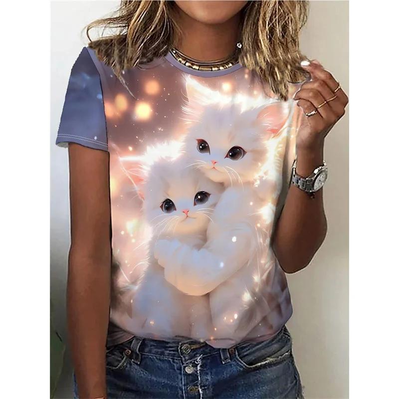 Cool Cat Pattern T Shirt for Women Cute Animal 3D Printed Short Sleeves Summer Oversized T-Shirts O-Neck Tops Tees Streetwear