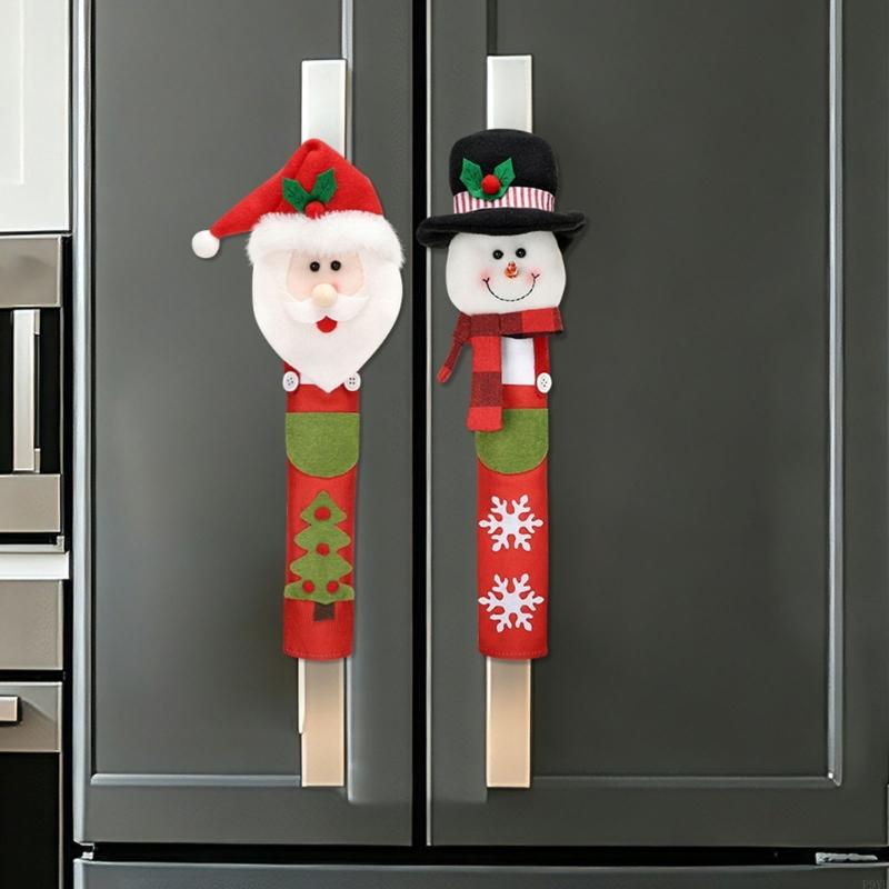 Christmas Refrigerator Pull Covers Soft Polyester 2 Piece Santa Set, Slide-On Fridge Pull Sleeves for Kitchen and Cabinet Accent