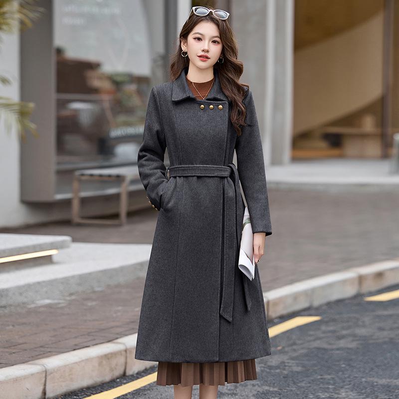 Women's Extra Long Wool Coat with Tie - Autumn/Winter Korean Fashion, Lapel Design (HR1018)