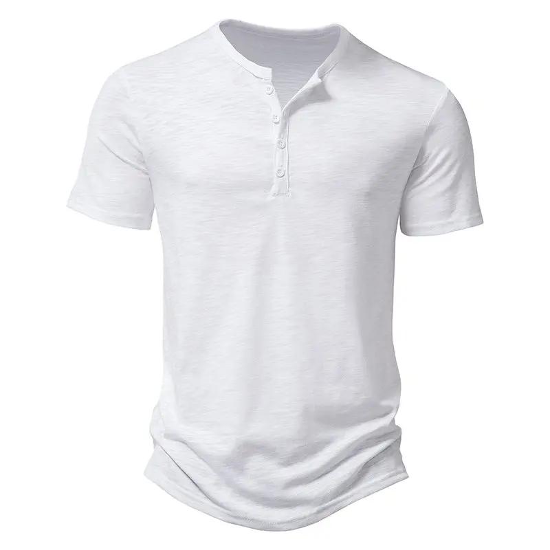 2025 Summer Men Short Sleeve T Shirt Men Fashion Henley Collar White Tshirt Mens Casual Slim Tops Tees Solid Color T-Shirt Man
