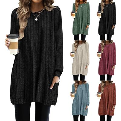 Autumn and Winter Pocket Lengthened Loose Casual Bubble T-shirt for Women