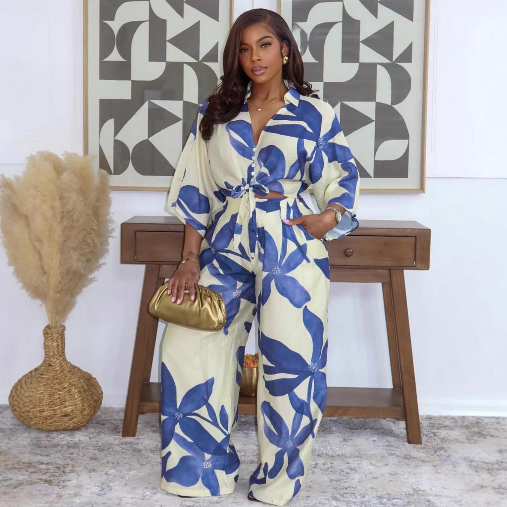 European and American Fashion African Spring and Summer Design Sense Printing Two-piece Set Vacation Style Long-sleeved Shirt Trousers Set