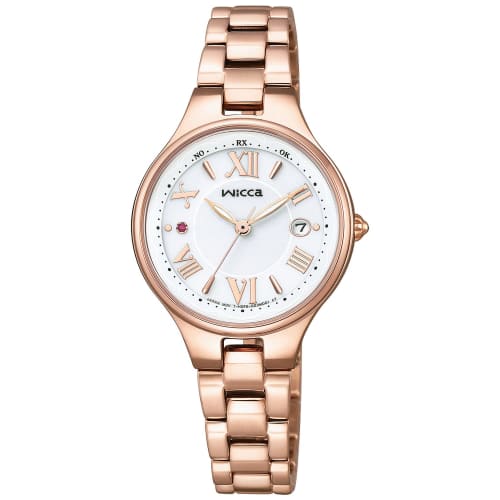 

Citizen Wicca Solar-Powered Radio-Controlled Watch, Water Resistant, with Calendar, Large Dial, White and Gold, KS1-864-11, Women s, Pink Gold
