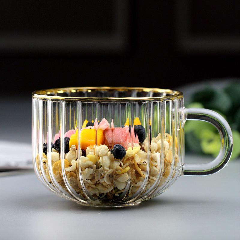 Tasse à Citrouille en Verre avec Bord Doré, Poignée et Cuillère en Verre Borosilicaté - Résistante aux Hautes Températures, Tasse à Petit-Déjeuner ou à Lait