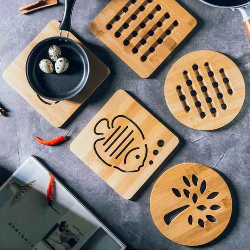 Bamboo Round Table Mat Simple Hollow Pattern Heat Resistant Pot Dish Placemats Anti-slip Protection Table Decorative