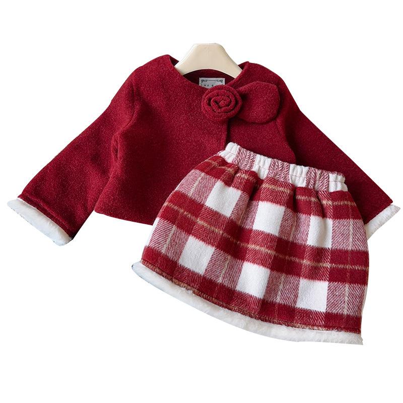 Girls' Winter Chinese Style Frayed Edge Coat & Skirt Two-Piece Set