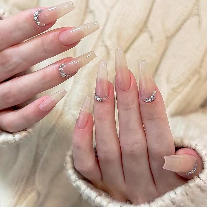 24Pcs Simple Fake Nail With Jelly Glue Butterfly Design Pink White Gradient French Press On False Nails Full Cover Nail Tips